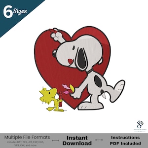 Puede incluir: Un diseño de bordado con Snoopy y Woodstock. Snoopy, en blanco y negro, dibuja en un gran corazón rojo. Woodstock, en amarillo, sostiene un crayón. El diseño incluye el texto "Multiple File Formats" y "Instant Download".