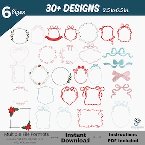 Pode incluir: Uma coleção de designs de bordado com coroas, laços e molduras em vermelho, rosa e verde. O texto "30+ DESIGNS 6,35 cm a 16,51 cm" está presente. Inclui também os textos "6 Sizes", "Multiple File Formats", "Instant Download" e "Instructions PDF Included".
