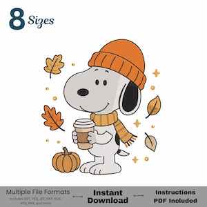 May include: An embroidery design featuring a white cartoon dog wearing an orange knit hat and a matching striped scarf, holding a coffee cup next to a pumpkin and falling autumn leaves. Text reads 8 Sizes, Multiple File Formats, and Instant Download.