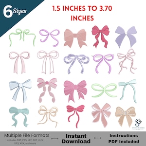 May include: A digital collection of twenty unique bow designs in various pastel and vibrant colors, including pink, purple, blue, and green. The text 6 Sizes 1.5 INCHES TO 3.70 INCHES, Multiple File Formats, and Instructions PDF Included is visible.
