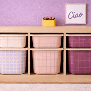 Checkered Trofast Stickers soft color palette ikea bins decals thin lines purple cream matching designs Lovinglymadepl