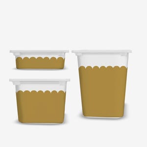 May include: Three white and gold storage containers with lids. The containers are rectangular and cylindrical, with a scalloped gold design on the lower half. The lids are white.