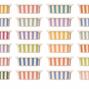 Peut inclure: Une collection de récipients rectangulaires à rayures verticales de différentes couleurs, dont le jaune, le rose, le bleu, le vert et l'orange. Chaque récipient a un bord blanc et un motif à rayures. Les récipients sont disposés en grille.