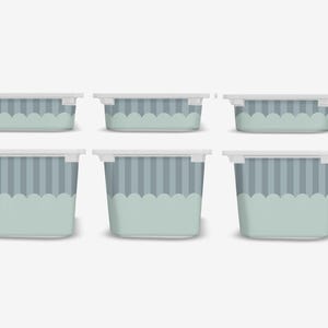 May include: Six rectangular storage containers with white lids. The containers have a light blue scalloped design at the bottom and vertical gray stripes. The containers are in various sizes.