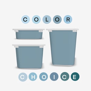 May include: Three blue storage containers with white rims are displayed. The containers vary in size, with the largest being a tall, rectangular shape. The word "COLOR" is above the containers, and "CHOICE" is below them.