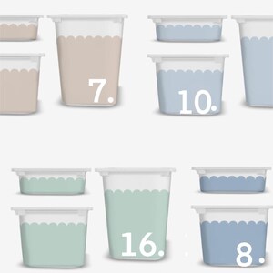 May include: A collection of clear plastic containers with white lids, each filled with a different pastel-colored liquid. Numbers 7, 8, 10, and 16 are printed on the containers. The liquids are in shades of beige, blue, and green.