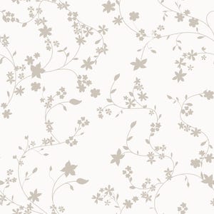 May include: Off-white wallpaper with a repeating pattern of stylized, taupe-colored flowers and vines. The floral design features various sizes of blossoms and leaves, creating a delicate and organic aesthetic. The background is a soft, neutral tone.