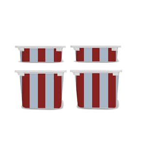 May include: Four containers with red and light blue stripes and white rims are shown against a white backdrop. The rectangular containers are of varying sizes, with two smaller ones above and two larger ones below.