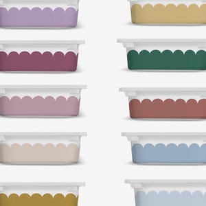 May include: A collection of ten rectangular containers with white scalloped trim and lids. The containers are in various pastel colors, including purple, yellow, green, and blue. The containers are arranged in a grid pattern.