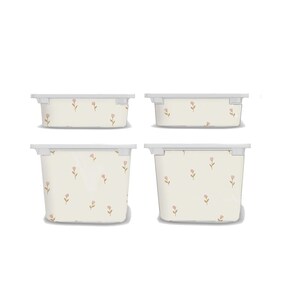 May include: Four off-white storage bins with lids, each adorned with a delicate floral pattern in soft pink. The bins vary in size, offering versatile storage solutions. The design is simple and elegant, suitable for various home decor styles.