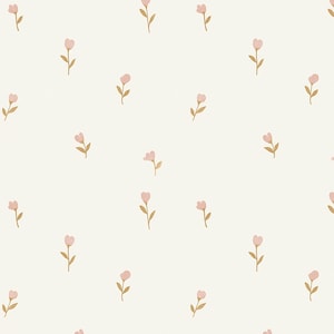 May include: A repeating pattern of small, pink flowers with brown stems and leaves on a cream-colored background. The floral design is evenly spaced, creating a delicate and whimsical aesthetic. The flowers are simple in shape.