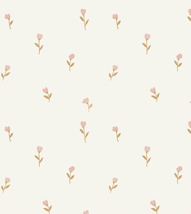 May include: A repeating pattern of small, pink flowers with brown stems and leaves on a cream-colored background. The floral design is evenly spaced, creating a delicate and whimsical aesthetic. The flowers are simple in shape.