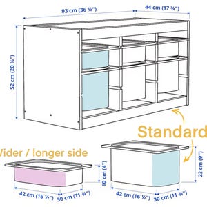 May include: A white storage unit with nine compartments, each designed to hold a bin. The unit is 36 5/8 inches wide and 20 1/2 inches tall. Two bin sizes are shown: a standard bin, 16 1/2 inches wide, 11 3/4 inches deep, and 9 inches tall, and a wider bin.