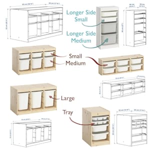 May include: A diagram of various storage units with dimensions in inches and centimeters. The units include cabinets with drawers and bins, and a tall, narrow unit. The text labels the sizes as "Longer Side Small", "Longer Side Medium", "Small Medium", "Large", and "Tray".