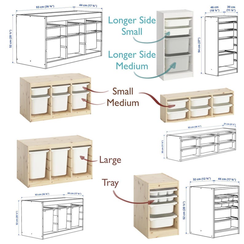 May include: A diagram of various storage units with dimensions in inches and centimeters. The units include cabinets with drawers and bins, and a tall, narrow unit. The text labels the sizes as "Longer Side Small", "Longer Side Medium", "Small Medium", "Large", and "Tray".