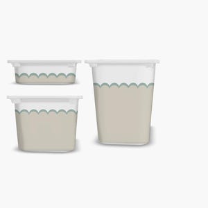 May include: Three white and beige storage containers with lids. The containers have a scalloped design in a muted teal color. The containers are different sizes, with one tall and two shorter.