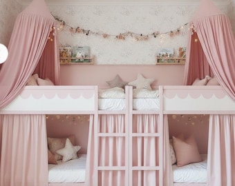 May include: A pink and white bunk bed set with scalloped detailing, curtains, and canopies. The room includes a white cloud-shaped rug, star-shaped cushions, and a chandelier. Fairy lights and floral garlands create a whimsical atmosphere in the bedroom.