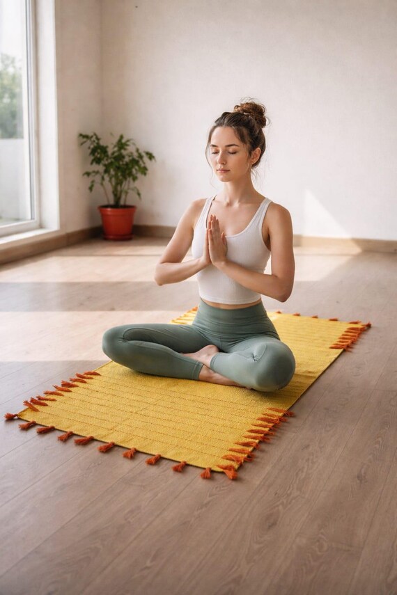 Handmade Cotton Yoga Mat Runner 2x6 ft | Non Slip Eco Friendly Yoga Rug | Foldable Travel Yoga Mat | Boho Meditation Mat for Home & Studio