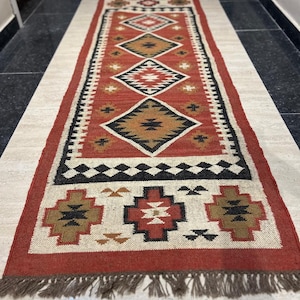 Handmade Wool Jute Kilim Runner Rug: Tribal Hallway Carpet