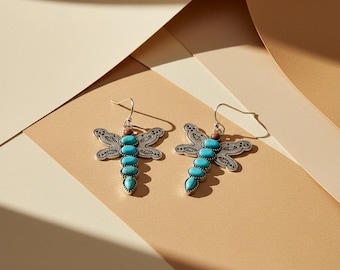 Vintage Turquoise Dragonfly Earrings, Boho Style Drop Earrings, Festival Jewelry Gift