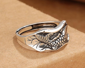 Vintage Fish-Shaped Adjustable Open Ring: Dainty Silver Band for Men with Flexible Fit, Adjustable 925 Sterling Silver Fish Ring