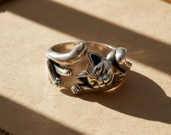 Splitter Katzenring, Sitzende Katzenring, Katzenpfote Ring, 925 Sterling Silber Ring verstellbar, Kawaii Ring für sie