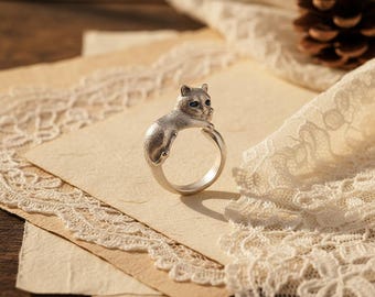 Sliver Cat Ring, Sitting Cat Ring, Cat Paw Ring, 925 Sterling Silver Adjustable Ring, Kawaii Ring for her