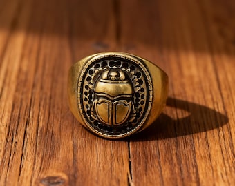 Messing ägyptische Skarabäus Ring - Vintage Tyvek Silber Insekt Käfer Sonnengott Symbol Einstellbar Offenes Band für Männer & Frauen