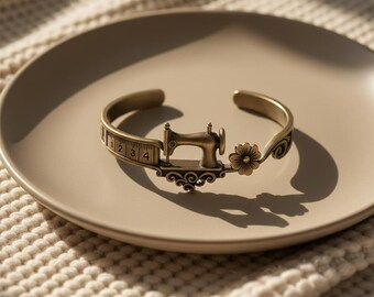 Vintage Sewing Machine Jewelry Set, Mother's Day Gift for Seamstress, Antique Bronze Bangle & Adjustable Ring, Sewing Lover Gift