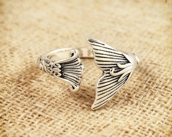 925er Silber Mermaid Tail Ring - Retro Literarischer Frischer Stil Damen Geschenk, Eleganter Fischschwanz Ring, Verstellbarer Offener Ring