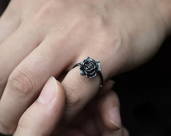 Vintage Thai Silber Rose Zweig verstellbar Ring - handgemachter Boho Blumen Schmuck für Frauen, Geschenk für Mama