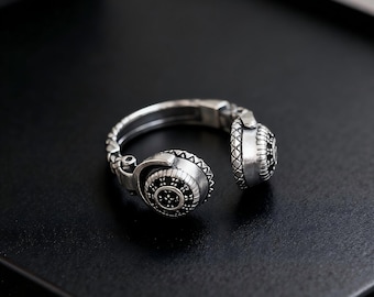 Vintage S925 Silber Kopfhörer Ring: Modedesigner Musik-Inspirierter Hip-Hop Schmuck für Männer & Frauen, verstellbarer offener Ring
