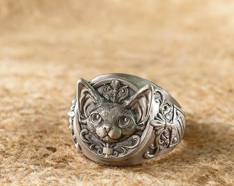 Vintage Silber Curly-Haired Cat Ring, reich verzierter Statement-Schmuck für Katzen-Enthusiasten, vielseitiger offener Herrenring