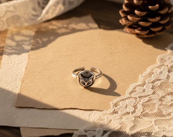 Vintage 3D Cat Head Adjustable Open Ring, Cat Face Ring, Sterling Silver Plated Cat Face Statement Ring, Kawaii Ring for her