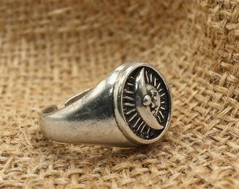 Sun & Moon Totem Thai Silver Ring - Vintage Men's Edgy Minimalist Adjustable Open Band