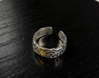 925 Sterling Silber Sonnenring für Männer - Mode-Design, goldener Sonnenschein, Retro-Stil, kantiger Streetwear-Statement-Ring