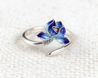 Vintage Thai Silber Emaille Lotus Ring | Ethno-Stil blaue Emaille Blume offener Ring für Frauen