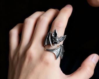 S925 Thai Silber Punk Gothic Fledermaus Ring, Unisex Cool Retro Ring, verstellbarer offener Band Schmuck