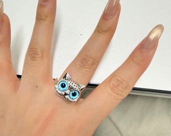 Süßer Katzen Ring mit großen blauen Augen, Kawaii Kitty Verstellbarer Ring, Tier Liebhaber Geschenk, Einzigartige Statement Katze, Schmuck für Frauen