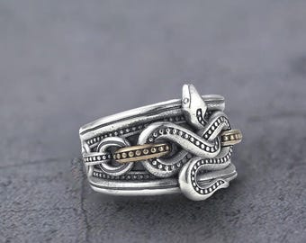 Vintage Silver Snake Chain Wrap Ring: Open Statement Ring for Men with Retro Design & Bold Personality