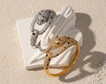 Luxury 18K Gold Plated Panther Bangle, Sparkling Cubic Zirconia Leopard Bracelet, Statement Animal Design, Valentine Gift, Couple Bangles