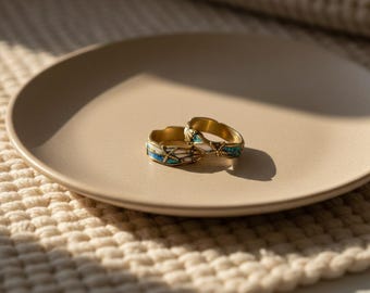 Vintage Ocean Starfish Open Ring, Adjustable Blue Opal Sea Wave Ring, Antique Gold Ocean Heart Ring, Boho Beach Jewelry