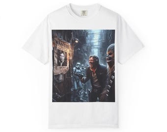May include: White t-shirt featuring a Star Wars scene with Han Solo, Chewbacca, and Stormtroopers. A "WANTED" poster of Han Solo is visible. The graphic is a detailed, colorful illustration.