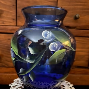 Cobalt Blue Vase - Beautifully Hand Painted Flowers Design - Signed -  Vintage