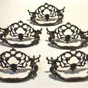 Ornate Brass Drop Bail Drawer Pulls - Set of 5 - Antique -RARE FIND