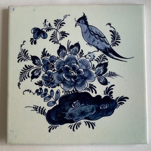 Delft Tile  - Bird with Flowers - Hand Painted - Made in Holland  -Blue and White - Vintage