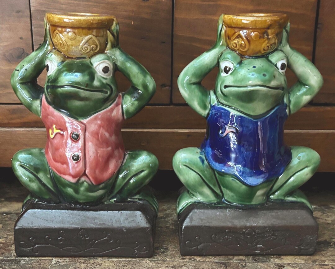 Frog Candlesticks - Majolica Style - Accent Pieces - Adorable ...