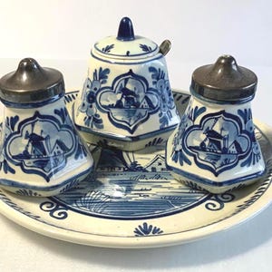 Dutch Delft Blauw Salt and Pepper - Sugar Bowl/Spoon - Tray - Windmill Scene - Beautifully Hand Painted - Made In Holland - Collectable