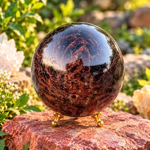 Puede incluir: Una piedra granate pulida en forma de esfera con inclusiones de color rojo intenso y marrón oscuro, apoyada sobre un pequeño soporte de metal dorado de tres patas. La superficie de la esfera es lisa y reflectante, mostrando patrones minerales.
