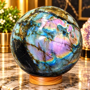 Op de afbeelding: Een gepolijste labradoriet bol met iriserende flitsen van blauw, paars en goud over het oppervlak. De steen heeft donkere, geaderde insluitingen en rust op een ronde, lichtgekleurde houten standaard, met een gladde en reflecterende afwerking.